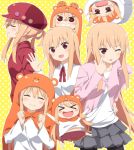  &gt;_&lt; 1girl :d ^_^ akanbe animal_hood black_skirt blonde_hair blush brown_eyes cabbie_hat chibi clenched_hands closed_eyes doma_umaru futon haribote_(tarao) hat himouto!_umaru-chan hood jacket long_hair multiple_persona open_mouth pantyhose pout school_uniform skirt smile solo tongue tongue_out 