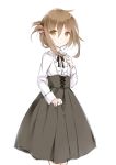 1girl alternate_costume brown_eyes brown_hair closed_mouth dress folded_ponytail inazuma_(kantai_collection) kantai_collection long_hair long_sleeves ponytail simple_background smile solo virgin_killer_outfit wataame27 white_background 