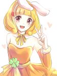  1girl animal_ears bare_shoulders blonde_hair collarbone cure_peace detached_sleeves dress heart highres kashiwagi_chisame kise_yayoi long_sleeves open_mouth orange_dress pink_eyes precure rabbit_ears sash smile smile_precure! solo strapless_dress v 