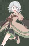  androgynous boots bow brown_coat coat grey_eyes houren_yabusame jandare len&#039;en open_mouth short_hair short_hair_with_long_locks shorts silver_hair smile solo 