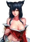  1girl ahri animal_ears bare_shoulders black_hair breasts cherrylich cleavage facial_mark fox_ears highres large_breasts league_of_legends lips long_hair looking_at_viewer midriff navel shirt_lift simple_background slit_pupils solo whisker_markings white_background yellow_eyes 