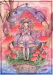  1girl :o anklet blue_eyes border bow dated dress fish goldfish hair_bow hair_ornament hands_on_own_chest jewelry lace long_hair looking_at_viewer mosho mushroom original pantyhose pink pink_dress pink_hair signature solo star traditional_media tree water white_legwear 
