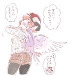  1girl animal_ears bird_wings hat long_sleeves looking_at_viewer mitsumoto_jouji mystia_lorelei open-chest_sweater open_mouth pantyhose redhead ribbed_sweater shorts smile solo sweater touhou translation_request violet_eyes wardrobe_error wings you&#039;re_doing_it_wrong 