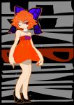 1girl alternate_costume bandaged_neck bandages bare_shoulders black_background black_shoes bow breasts character_name commentary_request dress high_heels highres legs one_eye_closed red_dress red_eyes redhead sekibanki shoes short_dress short_hair simple_background solo sparkle touhou yt_(wai-tei) 