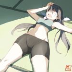  1girl bike_shorts black_hair brown_eyes groin hair_between_eyes hair_over_one_eye hair_ribbon hand_on_own_head hot kantai_collection long_hair lowres lying midriff navel on_back open_mouth ribbon shadow solo souji sports_bra sweat tone_(kantai_collection) twintails white_ribbon 