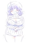  1girl blush breasts cleavage_cutout large_breasts letty_whiterock long_sleeves mitsumoto_jouji mob_cap naked_sweater open-chest_sweater purple_hair ribbed_sweater solo sweater tears touhou trembling triangular_headpiece turtleneck violet_eyes wavy_mouth 