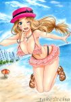  1girl beach beach_chair beach_umbrella bikini blonde_hair blue_eyes blush bow bracelet breasts cleavage frilled_bikini frills hat hat_bow jewelry jumping large_breasts looking_at_viewer marker_(medium) nail_polish navel necklace open_mouth pokemon serena_(pokemon) solo swimsuit takecha traditional_media wink 