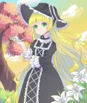  1girl absurdres blonde_hair dress flower gosick gothic_lolita green_eyes highres l4no lily_(flower) lolita_fashion long_hair looking_at_viewer pipe sky solo tree victorica_de_blois 