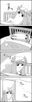  4koma bed comic commentary commentary_request crescent drying_clothes hair_ribbon hanging hat highres mob_cap monochrome no_humans patchouli_knowledge ribbon smile tani_takeshi touhou tress_ribbon upside-down yukkuri_shiteitte_ne 