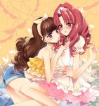  2girls akagi_towa amanogawa_kirara bare_shoulders blush brown_hair earrings go!_princess_precure hairband jewelry leila_(yurisouls) long_hair midriff multiple_girls precure red_eyes redhead shorts skirt star star_earrings twintails violet_eyes yuri 