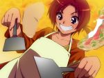  1girl apron cooking egg grin hino_akane_(smile_precure!) makoto_osamu precure red_eyes redhead short_hair smile smile_precure! solo spatula 