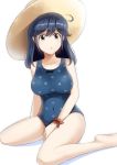  1girl black_hair blue_swimsuit breasts brown_eyes hat kantai_collection large_breasts long_hair mocchi one-piece_swimsuit open_mouth polka_dot polka_dot_swimsuit sitting solo sun_hat swimsuit ushio_(kantai_collection) 