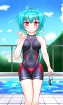  1girl artist_request blue_hair blue_sky blush clouds competition_swimsuit cyborg fence goggles goggles_removed hair_ribbon highres hill one-piece_swimsuit original pool red_eyes ribbon sky smile solo swimsuit twintails unitard 