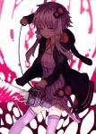  1girl chainsaw chiruru96 dress hair_ornament hooded_jacket jacket long_hair looking_at_viewer open_clothes open_jacket purple_dress purple_hair purple_legwear smile solo thigh-highs violet_eyes vocaloid yuzuki_yukari zettai_ryouiki 