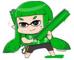  1girl bike_shorts black_eyes chibi clothes_writing domino_mask gaiko_kujin green_hair green_shirt inkling long_hair mask paint paint_roller shirt short_sleeves simple_background solo sparkle splatoon white_background 