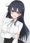  1girl alternate_costume arm_grab black_hair black_skirt cole frills hair_between_eyes kantai_collection light_brown_eyes long_hair long_sleeves looking_at_viewer open_mouth simple_background skirt solo ushio_(kantai_collection) virgin_killer_outfit white_blouse 