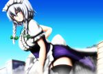  1girl blue_eyes braid building city giantess izayoi_sakuya long_hair maid maid_headdress neva short_hair silver_hair solo touhou twin_braids 