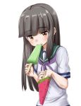  1girl ame. brown_eyes brown_hair commentary_request hatsuyuki_(kantai_collection) kantai_collection long_hair popsicle school_uniform serafuku short_sleeves simple_background solo white_background 