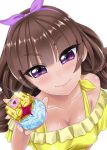  1girl amanogawa_kirara blouse breasts brown_hair cleavage collarbone from_above go!_princess_precure hair_ribbon long_hair precure ribbon smile solo upper_body violet_eyes wanao 