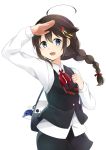  1girl ahoge alternate_costume black_hair blue_eyes braid hair_flaps hair_ornament hair_ribbon kantai_collection long_hair ribbon shigure_(kantai_collection) single_braid smile solo whale yukichi_(eikichi) 