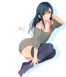  1girl alternate_costume aqua_eyes asashio_(kantai_collection) bent_knees black_hair black_legwear collarbone hand_on_leg highres kantai_collection long_hair looking_at_viewer lying on_side pouty_lips solo sweater_dress tbd11 thigh-highs thighs 