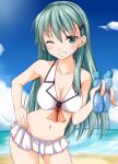  1girl beach bikini bikini_skirt blue_sky breasts cleavage clouds collarbone contrapposto green_eyes green_hair grin hair_ornament hairclip hand_on_hip kantai_collection kue large_breasts one_eye_closed open_mouth ramune silver_hair sky smile solo suzuya_(kantai_collection) swimsuit white_bikini white_swimsuit 