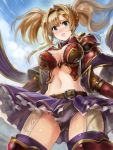  1girl armor belt blonde_hair blue_eyes blush braid breasts edobox frilled_skirt frills from_below granblue_fantasy hairband long_hair looking_at_viewer navel open_mouth panties skirt solo thigh-highs twintails underwear zeta_(granblue_fantasy) 