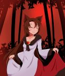  1girl :3 animal_ears bamboo bamboo_forest blush breasts brooch brown_hair closed_eyes collarbone dress forest highres imaizumi_kagerou jewelry long_hair long_sleeves migi_ma_hidari nature solo touhou wolf_ears 