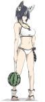  1girl bikini black_hair breasts cleavage food fruit hand_on_hip headgear kamukamu_(ars) kantai_collection large_breasts sandals short_hair simple_background smile solo swimsuit tenryuu_(kantai_collection) watermelon white_bikini white_swimsuit 