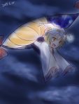  1girl blonde_hair bow clouds cloudy_sky dark dated dress empty_eyes falling flying_sweatdrops fox_tail gap koto_(shiberia39) long_sleeves multiple_tails night night_sky open_mouth outstretched_arms scared short_hair sketch sky solo tabard tail touhou white_dress yakumo_ran yellow_eyes 