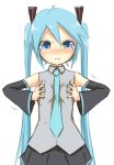  1girl :t aqua_hair blue_eyes breast_squeeze breasts detached_sleeves hatsune_miku itokayu long_hair necktie solo tears twintails very_long_hair vocaloid white_background 
