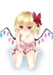  1girl absurdres alternate_costume asymmetrical_hair asymmetrical_wings blonde_hair dress flandre_scarlet food from_above hair_between_eyes hair_ribbon highres ice_cream looking_at_viewer red_eyes ribbon shisu short_dress short_hair side_ponytail sitting small_breasts solo strap_slip touhou wings 