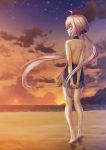  1girl ahoge arms_behind_back artist_request bare_back beach clouds evening hair_ribbon highres long_hair neck_ribbon ribbon sand senki_zesshou_symphogear silver_hair sky smile solo star_(sky) starry_sky sunset swimsuit twintails violet_eyes yukine_chris 