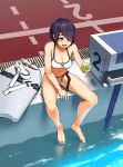  1girl :d breasts checkered cleavage cup drink eyepatch holding kantai_collection kickboard open_mouth pool purple_hair sandals satsuki_neko short_hair smile solo tenryuu_(kantai_collection) water 