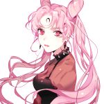  1girl bishoujo_senshi_sailor_moon black_lady chibi_usa crescent double_bun earrings expressionless facial_mark forehead_mark jewelry lipstick long_hair makeup older pink_hair piyo_(ppotatto) red_eyes red_lipstick solo twintails white_background 