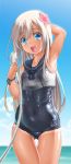  1girl :d arm_up armpits blue_eyes blush byeontae_jagga covered_navel highres kantai_collection long_hair looking_at_viewer old_school_swimsuit one-piece_swimsuit open_mouth revision ro-500_(kantai_collection) school_swimsuit shiny shiny_clothes silver_hair skindentation small_breasts smile solo swimsuit 