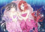  2girls bikini black_hair clam hair_ornament highres jacob_dream_world jewelry looking_at_viewer love_live!_school_idol_project multiple_girls nishikino_maki open_mouth red_eyes redhead short_hair smile swimsuit twintails underwater violet_eyes yazawa_nico 