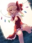  1girl ascot backlighting barefoot blonde_hair bow dress flandre_scarlet gengetsu_chihiro hair_bow highres looking_at_viewer mob_cap one_eye_closed open_mouth outstretched_foot red_dress red_eyes side_ponytail sitting smile solo touhou wings 