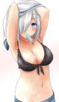  1girl absurdres armpits arms_up black_bra blue_eyes bra breasts cleavage front-tie_top hair_ornament hair_over_one_eye hairclip hamakaze_(kantai_collection) highres kantai_collection large_breasts looking_at_viewer navel popsicle saku_(kudrove) short_hair silver_hair skirt underwear white_background 