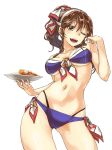  1girl abo_(hechouchou) ashigara_(kantai_collection) bikini blue_bikini breasts brown_eyes brown_hair contrapposto cowboy_shot curry curry_rice food hairband kantai_collection long_hair looking_at_viewer navel one_eye_closed ponytail solo sweat swimsuit textless 