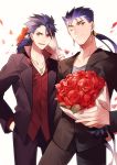  blue_hair bouquet dual_persona fate/prototype fate/stay_night fate_(series) flower formal lancer lancer_(fate/prototype) naoko_(juvenile) ponytail red_eyes suit 