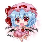  1girl :d adapted_costume ankle_cuff ascot bare_shoulders bat bat_wings blue_hair blush brooch chibi dress fang hat hat_ribbon jewelry looking_at_viewer mob_cap noai_nioshi open_mouth red_eyes remilia_scarlet ribbon short_hair skirt skirt_set sleeveless sleeveless_dress smile solo touhou wings wrist_cuffs 