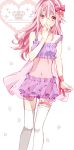 1girl alternate_costume ariilha12 bare_shoulders bloomers blush cherry food fruit guilty_crown hair_ornament highres long_hair looking_at_viewer midriff pink_eyes pink_hair see-through sleeveless smile solo thigh-highs twintails underwear yuzuriha_inori 