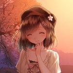  1girl bangs blurry blush brown_hair close-up closed_eyes collarbone depth_of_field evening hair_ornament hairclip hand_to_own_mouth original parted_lips shirt short_hair smile solo sunset swept_bangs twilight white_shirt yasuyuki 