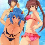 1boy 2girls adjusting_glasses ass bare_shoulders bikini blush breasts cleavage clouds cloudy_sky glasses highres j-max_japan looking_at_viewer multiple_girls navel open_mouth original sky smile sweat swimsuit 