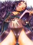  1girl black_hair black_panties book breasts cape facial_mark fire_emblem fire_emblem_if forehead_mark frown holding holding_book lips long_hair lying messy_hair nyx_(fire_emblem_if) on_back panties red_eyes see-through small_breasts solo teruru tiara underwear veil very_long_hair 