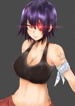  1girl alternate_costume armband bare_shoulders black_background breasts cleavage collarbone eyepatch glowing highres kantai_collection looking_at_viewer midriff navel norman_maggot purple_hair short_hair smile solo sports_bra tattoo tenryuu_(kantai_collection) yellow_eyes 