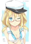  1girl bare_shoulders blonde_hair blue_eyes breasts cleavage close-up glasses hair_between_eyes hat highres i-8_(kantai_collection) kantai_collection long_hair low_twintails mishin_(mbmnk) one_eye_closed peaked_cap semi-rimless_glasses short_hair smile solo twintails 