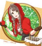  1girl alternate_hairstyle apple basket bow braid brown_eyes brown_gloves brown_hair food fruit gloves green_bow hair_bow little_red_riding_hood long_hair looking_at_viewer love_live!_school_idol_project minami_kotori red_hood smile solo twin_braids yomo_tsuka 