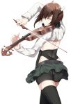  1girl back bike_shorts black_legwear brown_hair closed_eyes headband headgear hews_hack highres instrument kantai_collection playing_instrument revealing_clothes short_hair skirt solo taihou_(kantai_collection) thigh-highs violin white_background zettai_ryouiki 